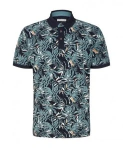 Tom Tailor Polo Halbarm Allover Printed Polo, Navy Green Big Leaf Design