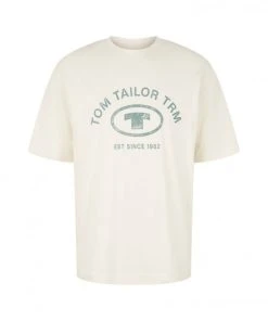 Tom Tailor T-Shirt Halbarm Relaxed Crewneck Logo T-shirt, Vintage Beige